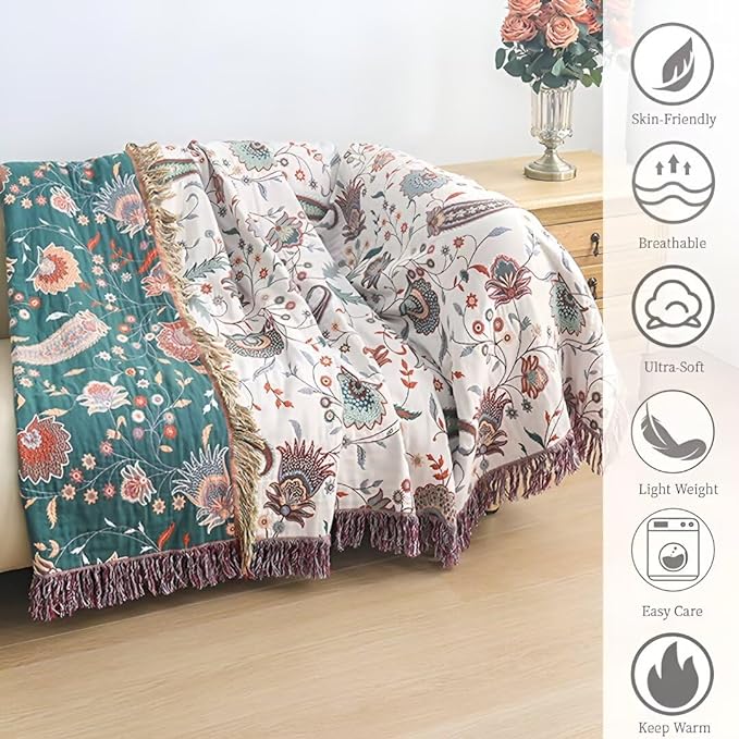 Summer Boho Throw Blankets 90"x98",100% Cozy Cotton Cotton Blankets for Travel, Picnic, Reversible Lightweight Farmhouse Muslin Blankets for Bedroom,Home Decor