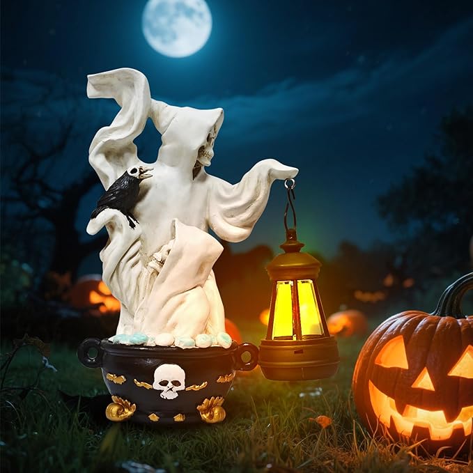 Skeletons Halloween Statues Decor Lantern - Gothic Grim Reaper Spooky Solar Lantern Statue Skeletons Crow,Outdoor Indoor Party Home Decorations Tabletop Shelf Garden Porch Yard Patio