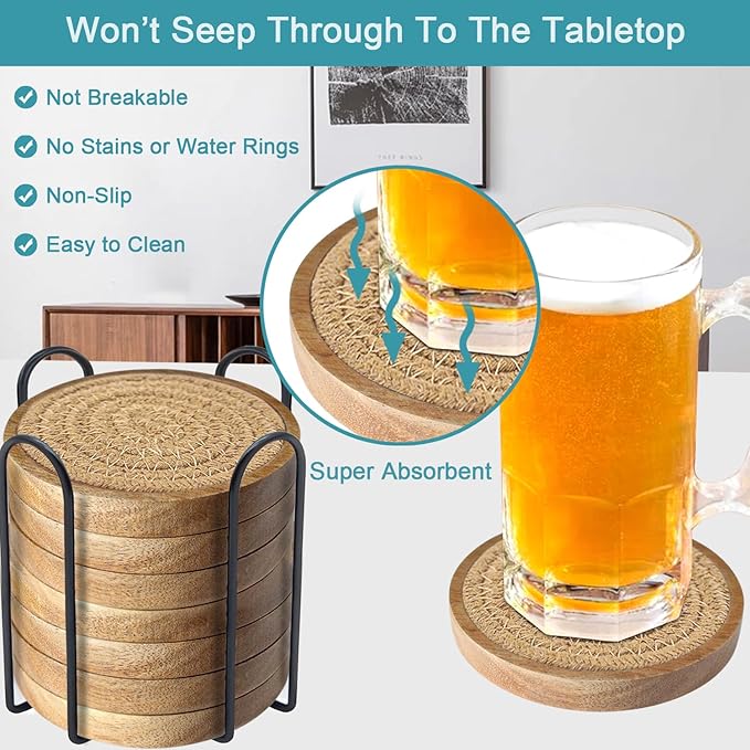 Wood Coasters for Drinks, Absorbent Coaster Sets of 8, Woven Drink Coasters for Coffee Table, Housewarming Gift for Farmhouse Home Decor,4.3 inches Brown