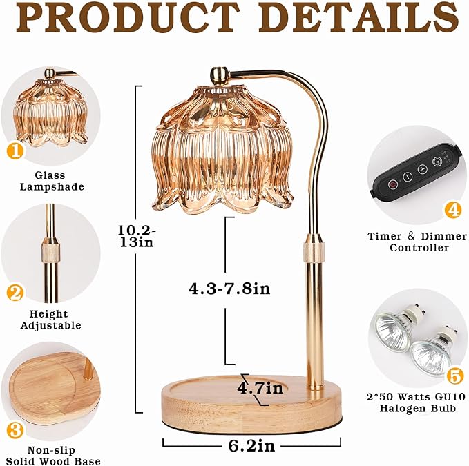 Glass Candle Warmer Lamp with Timer, Adjustable Flower Candle Lamp Warmer, Birthday Gifts for Women Who Have Everything, Unique Candle Heater Gifts for Mom Her, Lotus Wax Warming Light for Candles