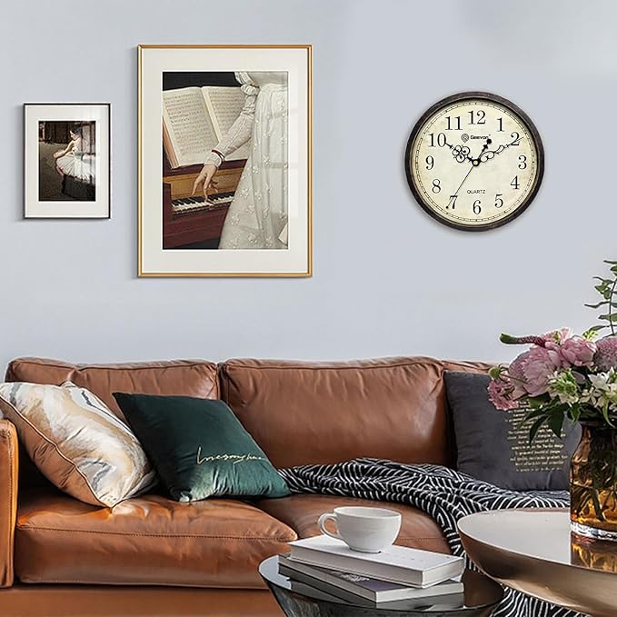 Geevon Vintage Wall Clock 10" Silent Non-Ticking - Retro Round Quartz Battery Operated Decorative Clock for Kitchen, Living Room, Bedroom, Office, Classroom