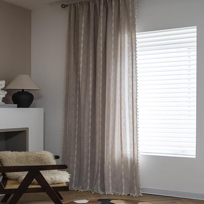 ColorBird Boho Linen Curtains 63 Inch Length, 2 Panels Set Farmhouse Living Room Curtains, Embroidered Striped Tan Boho Drapes for Bedroom Nursery Office