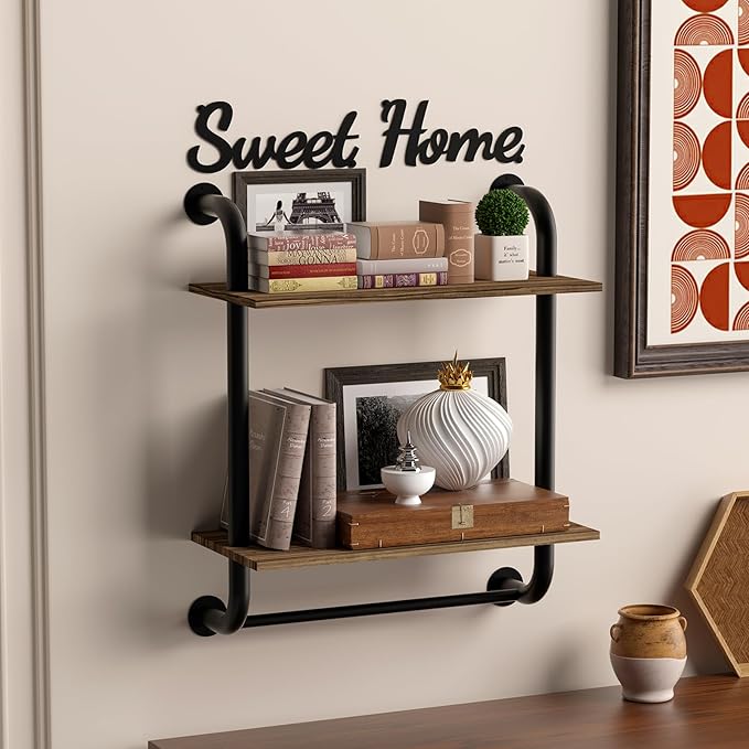 Bathroom Shelves Wall Mounted, Rustic Farmhouse Pipe Shelves, 2-Tier, Industrial Shelving, Floating Shelf Decor for Bathroom, Kitchen, Bedroom, Living Room 17.3 inch
