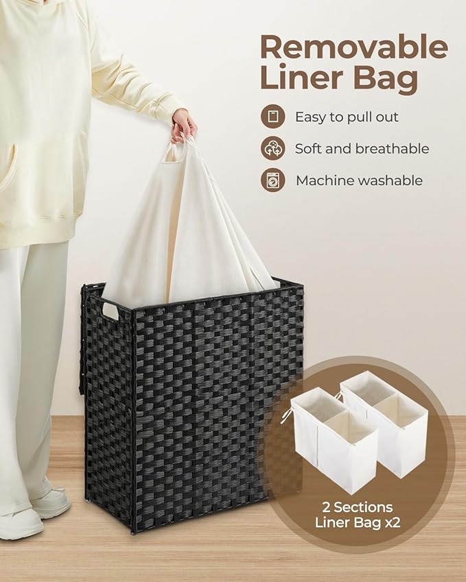 Greenstell Laundry Hamper with 2 Removable Liner Bags, Foldable Divided Clothes Hamper, 90L Handwoven Synthetic Rattan Laundry Basket with Lid and Handles, Easy to Install Black 18.3x13.3x24 Inches