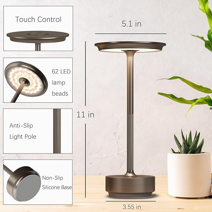 Rechargeable Cordless Table Lamps,Portable 5000mAh LED Table Light, 3 Color Stepless Dimming Battery Powered Metal Table Lamp for Outdoor/Patio/Restaurant/Camping.(Cafe)