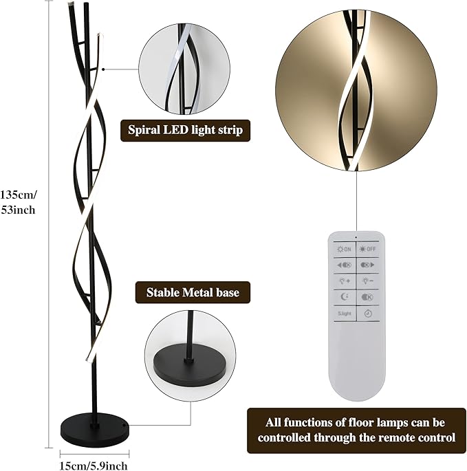 JUTIFAN Modern Spiral Floor Lamp for Living Room, 48W Dimmable Led Corner Floor Lamp with Remote Control, 53 Inch Black Floor Lamps 3 Color Tall Corner Reading Lamp Standing Floor Lamps for Bedroom
