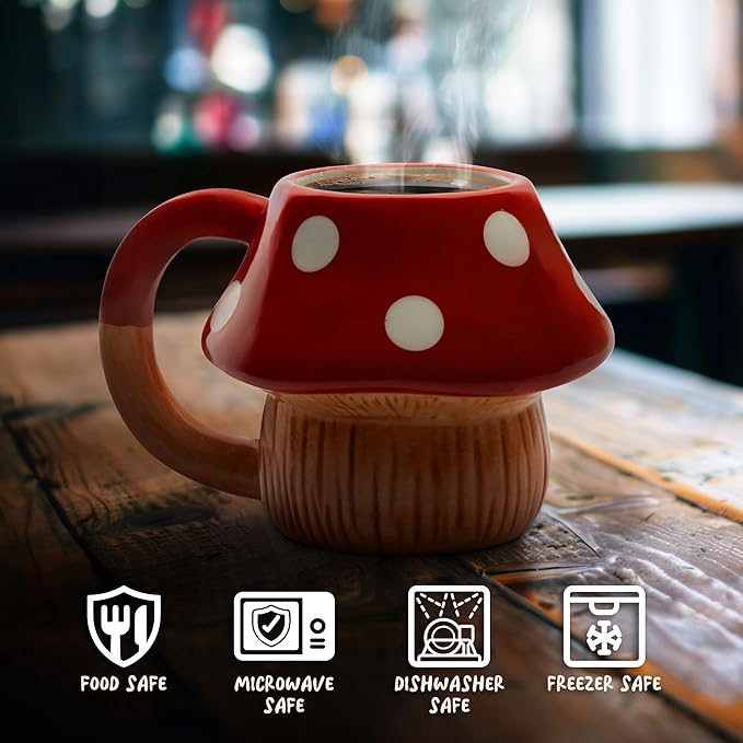 Mushroom Mug 12oz - Cute Ceramic Mushroom Cup for Coffee Tea and Mushroom Gifts - Cool Cottagecore Aesthetic Kawaii Unique Fun Funky Novelty Hippie Fungi Toadstool Silly Plant Mushroom Stuff Decor