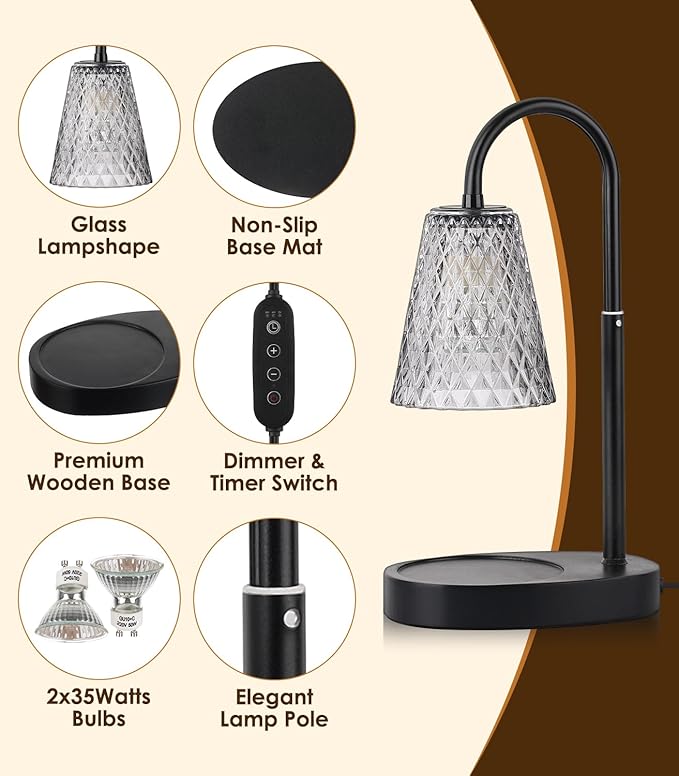 Candle Warmer with Timer - Electric Candle Warmer with Dimmer, Adjustable Height, Vintage Nightstand Lamp Sets (Diamond Pattern)