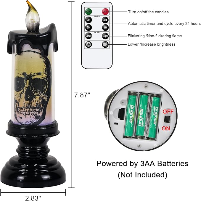 Eldnacele Halloween Flameless Candle Lamp Battery Operated with Remote and Timer, Spooky Horror Skull Crow Spider Decals LED Candle Lights Indoor Home Decor Candles Set of 3, 2.8" D x 7.8" H