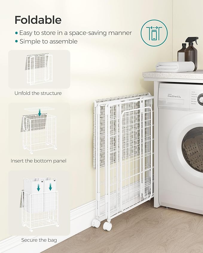 SONGMICS Laundry Hamper, 110L Laundry Basket with Lid, Clothes Hamper with Wheels, Collapsible Removable Liner Bag, Iron-Made Laundry Sorter, Cloud White ULCB211W01