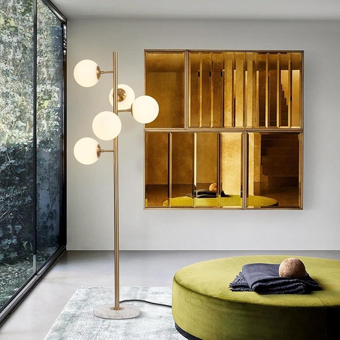 KCO Lighting 5-Light Frosted White Glass Globe Floor Lamp Mid Century Modern Gold Tall Pole Standing Light LED Standing Lamps with Foot Switch for Home Office (Gold)