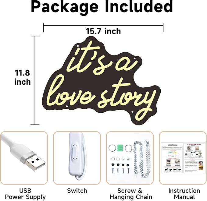 Its a Love Story Neon Sign, white USB Led Light Up Signs for Bedroom Aesthetic Birthday Wedding Party Gift Boyfriend Girlfriend Lover Women Men Room Bathroom Decoration Gift, 15.7 x 11.8 Inch