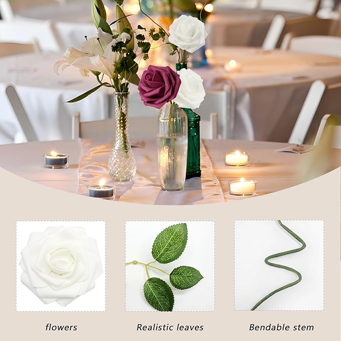 Artificial Flowers White Roses Real Looking Foam Fake Roses with Leaves and for DIY Wedding Bouquets Bridal Shower Centerpieces Party Decorations (Wine red & White, 50)