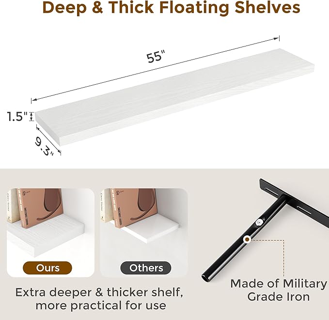 55"W x 9"D Floating Shelves Set of 2, 9.3 Inch Deep Floating Shelves Wall Mounted, Wide Wall Shelves Invisible Bracket, Deep Storage Shelves for Living Room, Bathroom, Kitchen, White Color