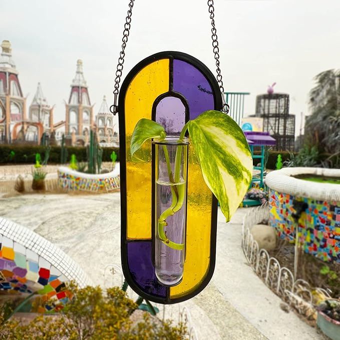LITMIND Multi-Color Stained Glass Propagation Station - Handcrafted Translucent Suncatcher Planter with 2 Tubes, Hanging Hydroponic Décor for Windows & Garden