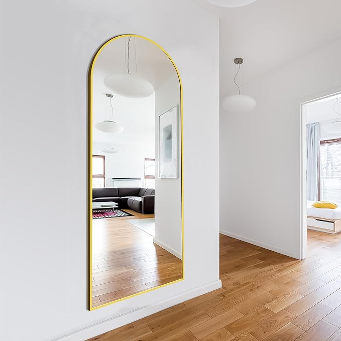 Delma Wall Mirror Full Length Mirror,Standing Mirror Full Body,Large Floor Mirror for Wall Door Bedroom Bathroom Living Room with Aluminium Frame(with Stand,Arch 69x24-Gold)