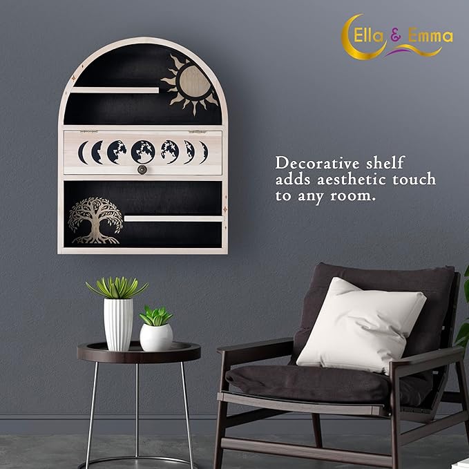 Ella & Emma Tree of Life Sun Crystal Shelf - Wall Hanging Crystal Display Shelf for Stones, Nail Polish, & Essential Oil Storage