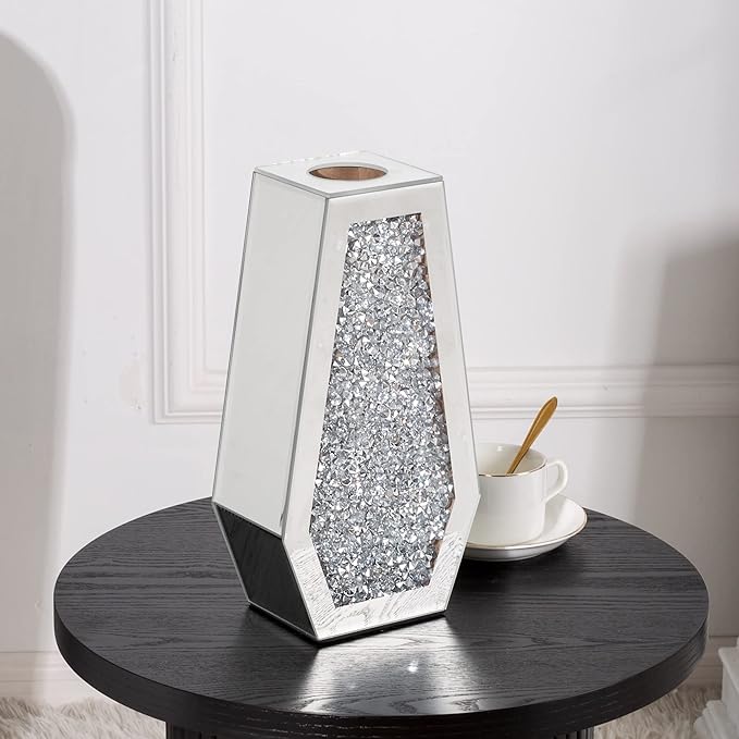 Crushed Diamond Mirror Vase Silver Flower Vases for Decor Bling Crystal Glass Vase for Room Decor, 12 Inches (Can Hold Water)