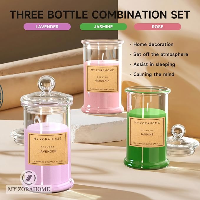 Glass SoyWax Scented Candle, Aromatherapy Jar Candles for Home Scented or As a Christmas Holiday/Birthday Candle Gift for Your Lover(3 Color&Scents set/11OZ/100Hours Burning)