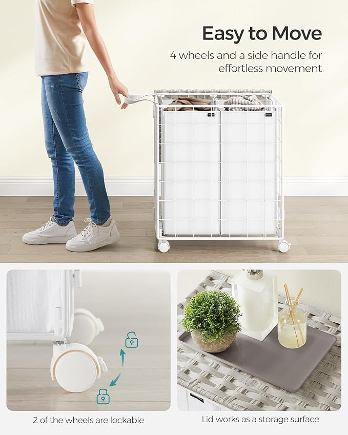 SONGMICS Laundry Hamper, 110L Laundry Basket with Lid, Clothes Hamper with Wheels, Collapsible Removable Liner Bag, Iron-Made Laundry Sorter, Cloud White ULCB211W01