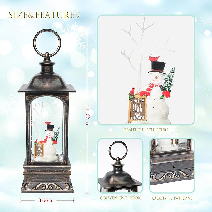 Christmas Snow Globes, 11.2" Snowman Glitter Water Lantern with 8 Songs, 6H Timer Battery & USB Powered Music Box for Christmas Decorations Indoor