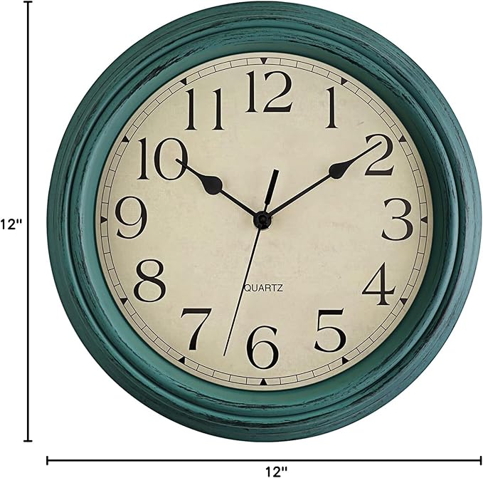 Foxtop Retro Silent Non-Ticking Round Classic Clock 12 Inch Quartz Decorative Battery Operated Wall Clock for Living Room Kitchen Home Office (Turquoise)
