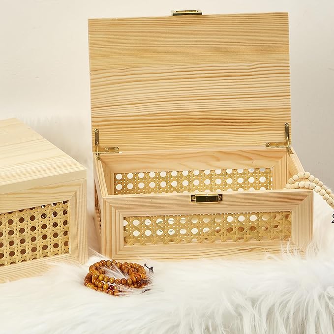 2PCS Decorative Rattan Storage Boxes Solid Wood Baskets Bins with Lid Keepsake Memory Jewelry Box Natural Boho Shelf Wicker Closet Desk Organizer Container (Light Wood, 1 Large 1 Small)