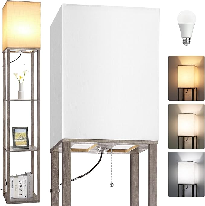 Floor Lamp with Shelves,Wood Corner Floor Lamps for living room tables with 3 CCT LED Bulb,Modern Display Bookshelf Nightstand Lamps,Column Standing Lamp for Bedroom Office Home Decor-Rustic Wood
