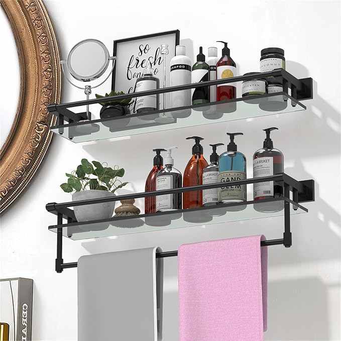 Glass Shelves for Bathroom with Towel Bar/Rack 24" Tempered Glass Shelves with Stainless Steel Towel Holder for Wall Shelf Sink Over Toilet (Matte Black)