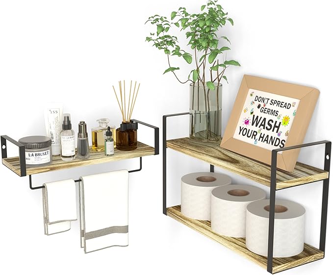 ZGO 2+1 Tier Floating Shelves Wall Mounted Set of 2, Rustic Wood Wall Shelves with Metal Frame Tissue Rack and Towel Bar for Bedroom, Bathroom, Living Room, Kitchen, Storage & Decoration, Wood