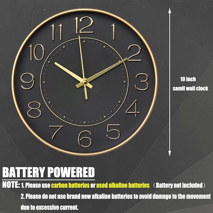 HZDHCLH Modern Wall Clocks Battery Operated,10 inch Black and Gold Clock for Wall,Silent Small Wall Clock for Living Room Bedroom Kitchen Office Nursery Decor