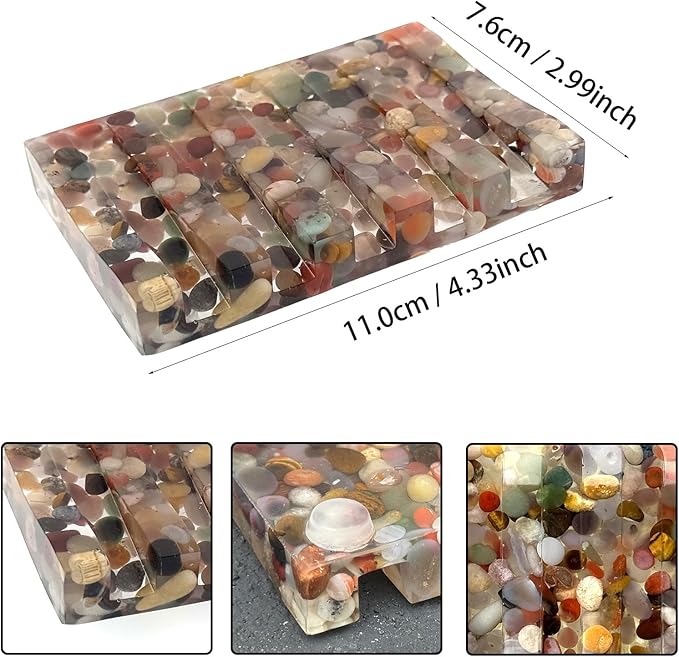 Handmade River Rock Rectangle Bar Soap Holder Stone Pebbles Soap Dish for Shower and Bathroom Decor, Natural Soap Tray to Keep The Soap Dry Resin Kitchen Decoration (Various Agate Drainage)