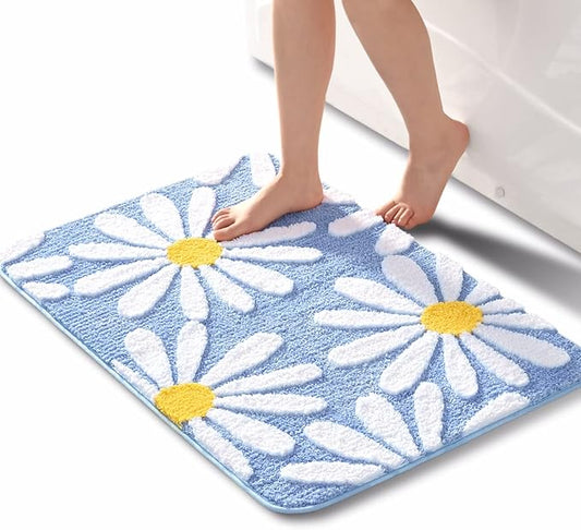QJHOMO Blue Bathroom Rugs Cute Daisy Bath Mat White and Yellow Flower Decor Rug Non Slip Floor Carpet Microfiber Bathmat Super Absorbent Machine Washable Bathtub Mats for Shower (24x36 inch)