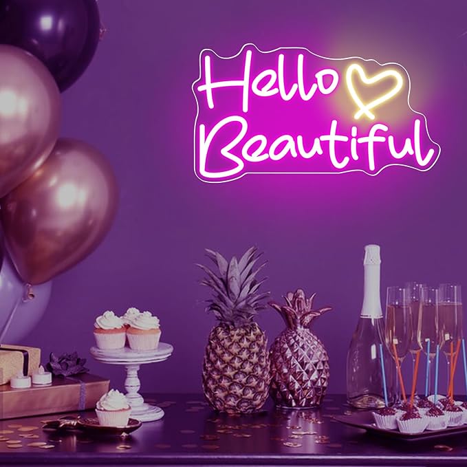 Hello Beautiful Neon Signs, Led Neon Light for Wall Decor for Bachelorette Party Birthday Engagement Party Wedding Decoration with Switch 22 x 12.3''(Pink + Warm White Heart)