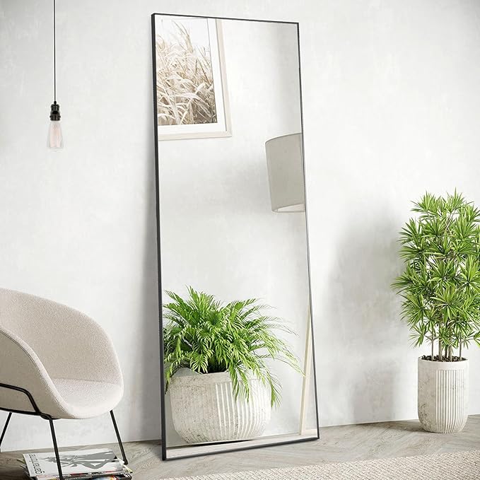 Sweetcrispy Full Length Mirror with stand, 59"x16" Floor Mirror with Aluminum Alloy Frame for Bedroom, Standing Full Body Mirror with Shatter-proorf Nano Glass for wall, Living Room, Cloakroom (Black)
