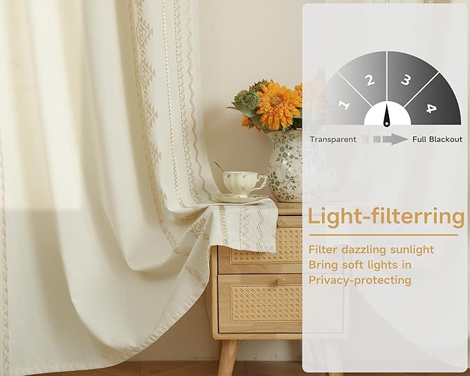 ColorBird Boho Curtains Embroidered Light Filtering Rod Pockets Farmhouse Western Beige Curtain 63 inch Length 2 Panels Set Drapes for Living Room Bedroom
