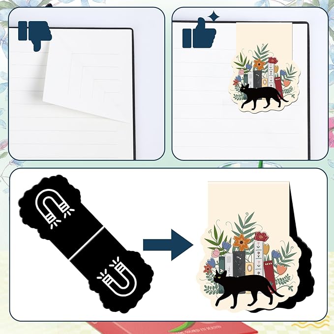 Black Cat Floral Magnetic Bookmarks - Wxiben 12 Pcs Black Cat Book Mark Magnets Cute Cartoon Cats Magnets Bookmark Page Clip Gift for Book Lovers Students Teen Teacher Office School Reading Cats Lover