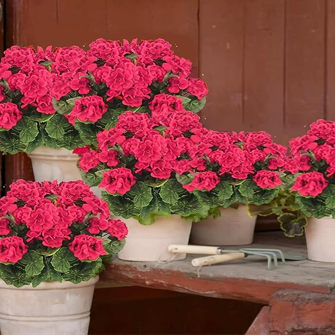Fake Outdoor Flowers, 4 Pcs Artificial Flowers For Outdoors, Rose Red Artificial Geraniums Plastic Flowers, Fake Plant For Outside, Silk Faux Flowers For Outdoor Planters UV Resistant For Front Porch