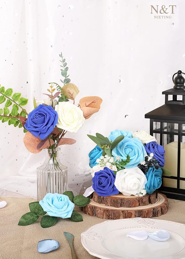 N&T NIETING Blue Roses Artificial Flowers, 50pcs Fake Flowers Rose Perfect for DIY Wedding Bridesmaid Bridal Bouquets Centerpieces Home Flower Arrangement Decoration, Series Blue