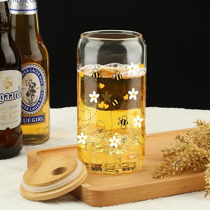 Gift For Girls, Her - Birthday Gifts for Women Friendship - Unique Gifts For Women, Friends, Bestie, Bff, Soul Sister, Work Bestie - Honey Bee Daisy 16 OZ Iced Glass Can Tumbler with Lid and Straw