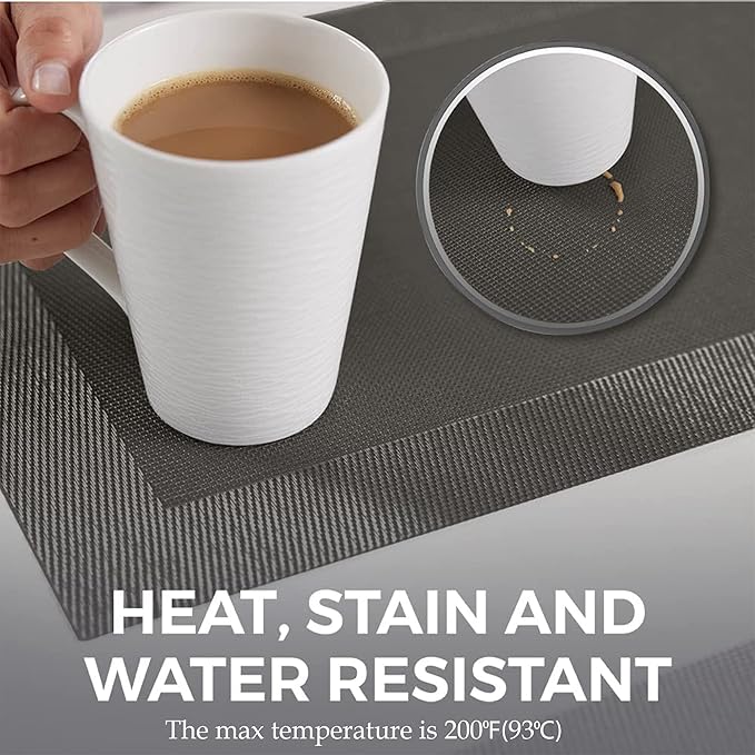 More Décor Dining Table Placemats, Washable Heat-Resistant PVC Vinyl Table Mats for Dining Room and Kitchen, Anti-Slip - Set of 4 - Grey