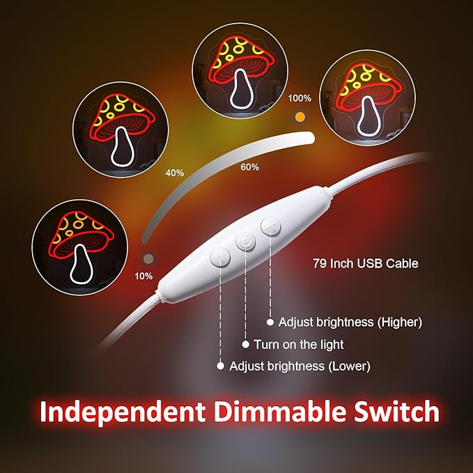Red Mushroom Neon Sign Whimsical LED Wall Decor for Gaming Rooms, Fantasy Mushroom Lovers, USB-Powered Adjustable Brightness Light Up Signs USB LED Signs for kids room