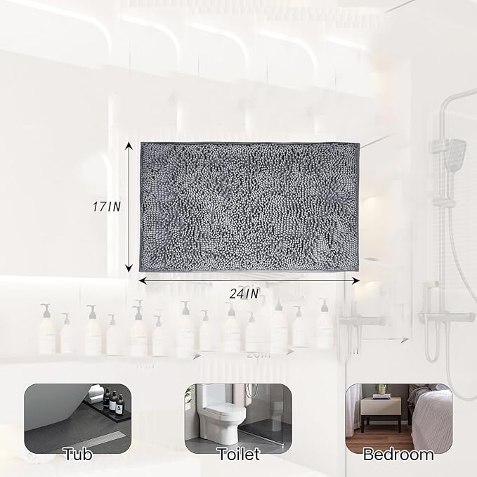 ZiYiJuan Bathroom Rugs, Super Absorbent Luxury Shaggy Chenille Bath Mats,Dark Gray 17x24