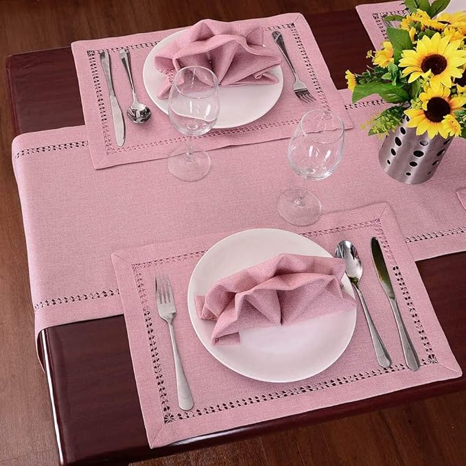 Grelucgo Handcrafted Solid Color Dining Table Placemats, Double-Hemstitched (Pink, 12 x 18 Placemats (Set of 4))