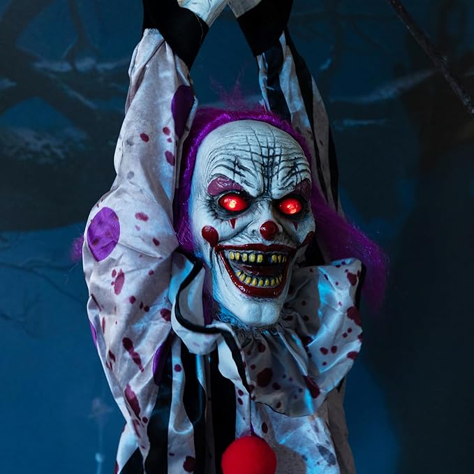 HollyHOME Halloween Animated Hanging Clown with Glowing Eyes Creepy Sound and Shaking Body Halloween Decorations Outdoor Scary Haunted House Outdoor Prop Decor 60’’