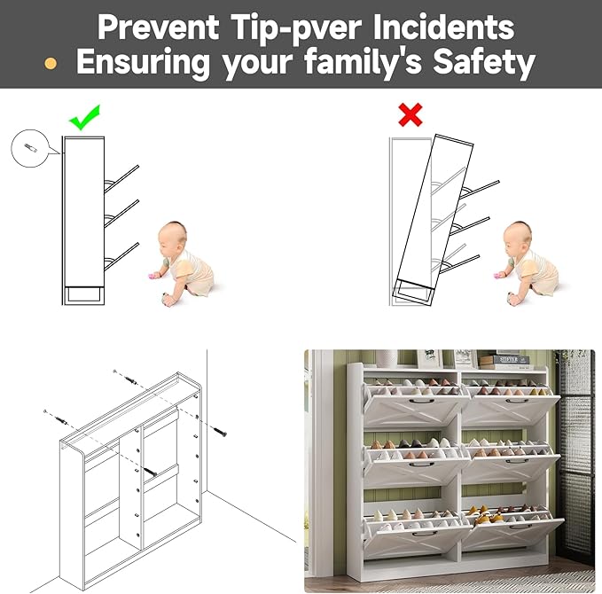 Maupvit Large Shoe Storage Cabinet with 6 Flip Drawers, Freestanding Shoe Organizer with Metal Handles for Entryway, Narrow Shoe Rack Cabinet, White
