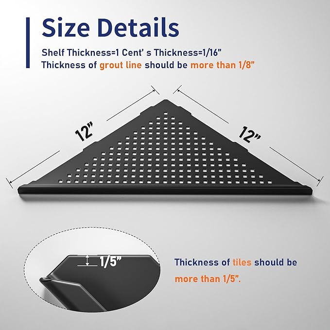 Corner Shower Shelf, 12" Matte Black 304 Stainless Steel Recessed Shelf for Bathroom, Grout in Shelf Rack for Tiled Wall, Large Size, No Drilling Needed