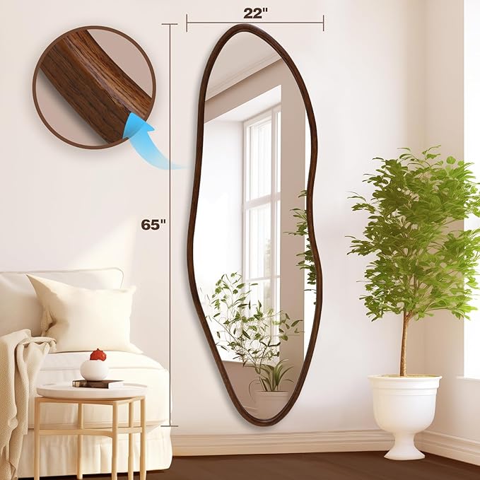 Irregular Full Length Mirror, 65"x22" Wooden Farmhouse Full Body Mirror, Large Asymmetrical Wall Mirror, Decorative Wall Mounted Mirrors for Living Room Entryway, Horizontal/Vertical, Walnut