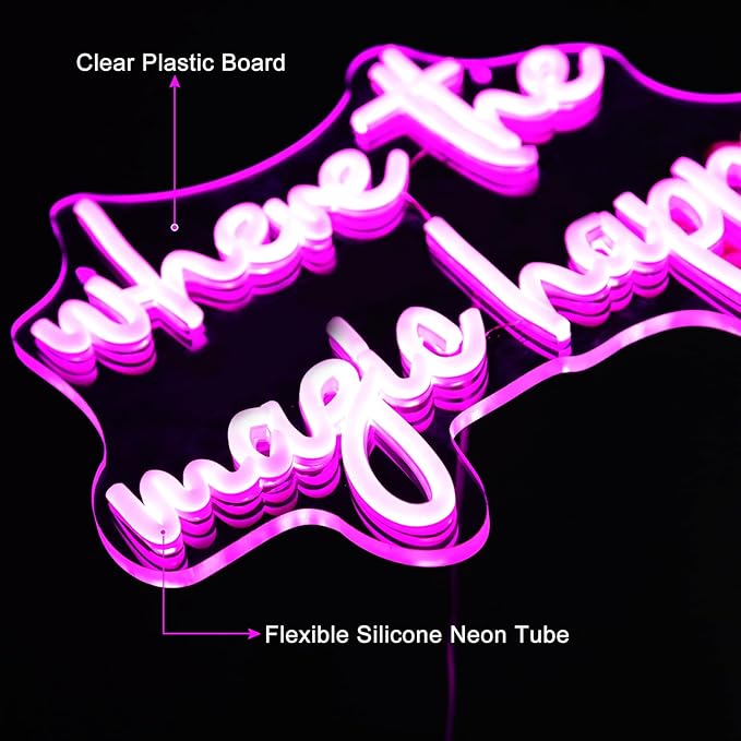 Where The Magic Happens Neon Sign Led Pink Light Up Signs for Wall Decor Usb Powered Letter Neon Light Signs for Bedroom Wedding Decor Birthday Party Shop Man Cave 16 x 11''(Pink)