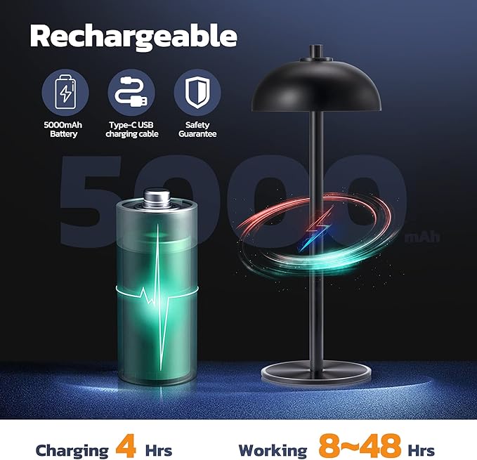 Rechargeable Cordless Table Lamp 2 Pack - 5000mAh Battery Powered Lamp, 3 Color Stepless Dimming LED Table Light with Memory Function for Indoor, Outdoor, Dinner, Home, Restaurant.(Black)